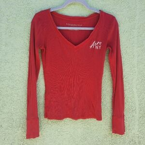 Y2k Aeropostale Long Sleeve Henley V-Neck Top Shirt Size Small Red